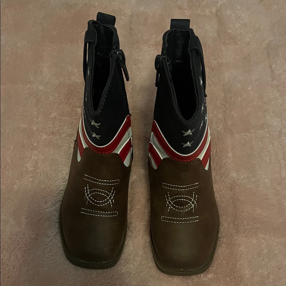PAWZ Kids Brown Cowboy Boots with Red, White & Black Accents